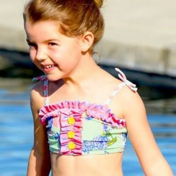 Matilda Jane | Aqua & Pink Floral Cannonball & Seashells Bikini Set | Size 4 - Picture 3 of 12